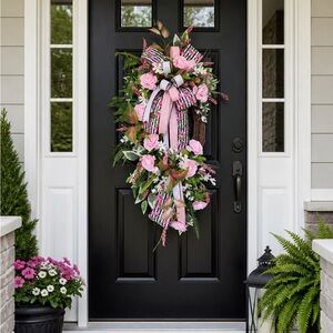 Abrand Pink and Green Floral Door Swag with Ribbon